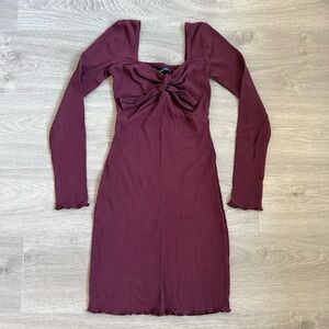 A&F Burgundy Knot Front Lettuce Hem Long Sleeve Ribbed Bodycon Mini Dress